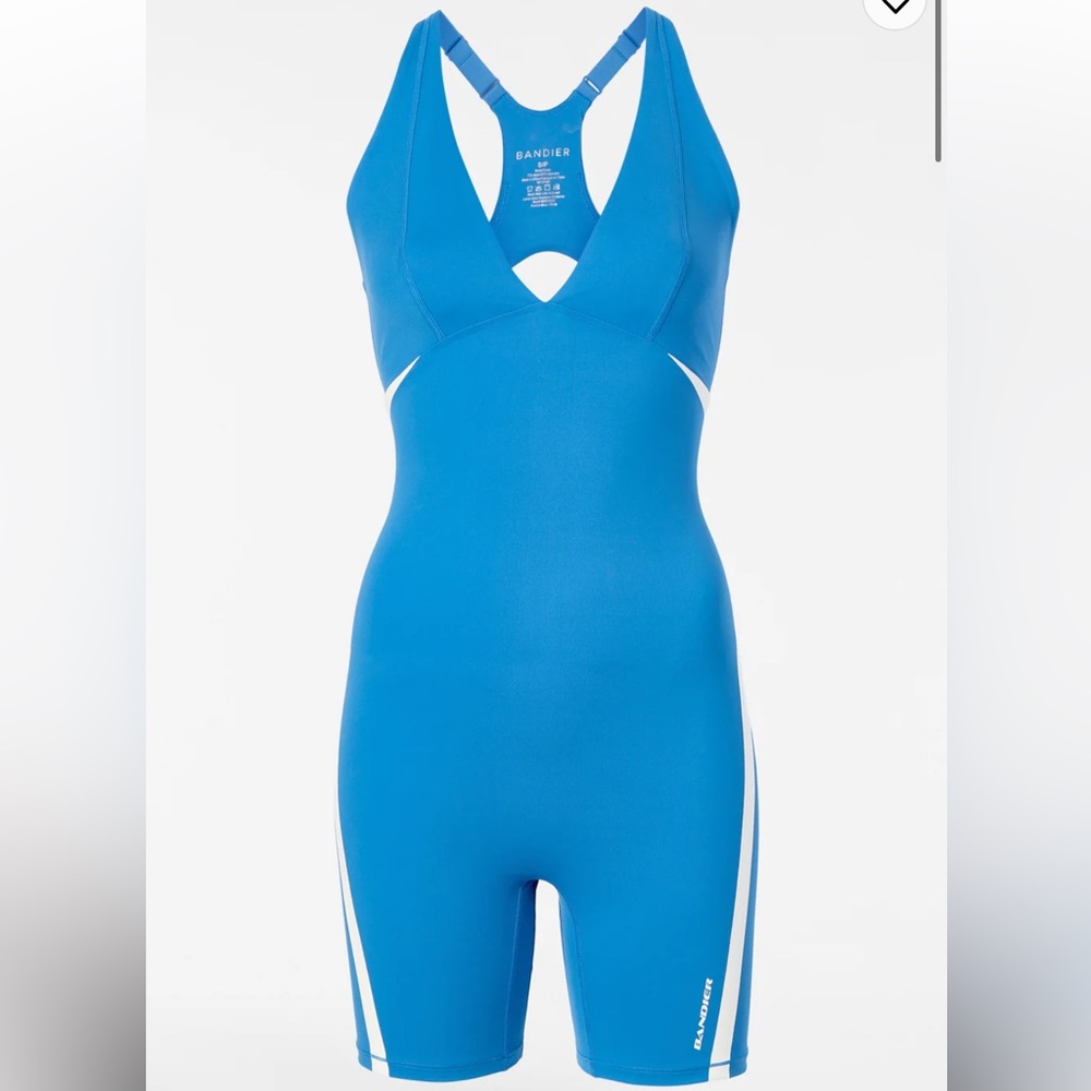 BANDIER V-Neck Plunge Contrast Short Catsuit 🐈⬛ Size S Blue White Luxury Chic - Picture 5 of 11